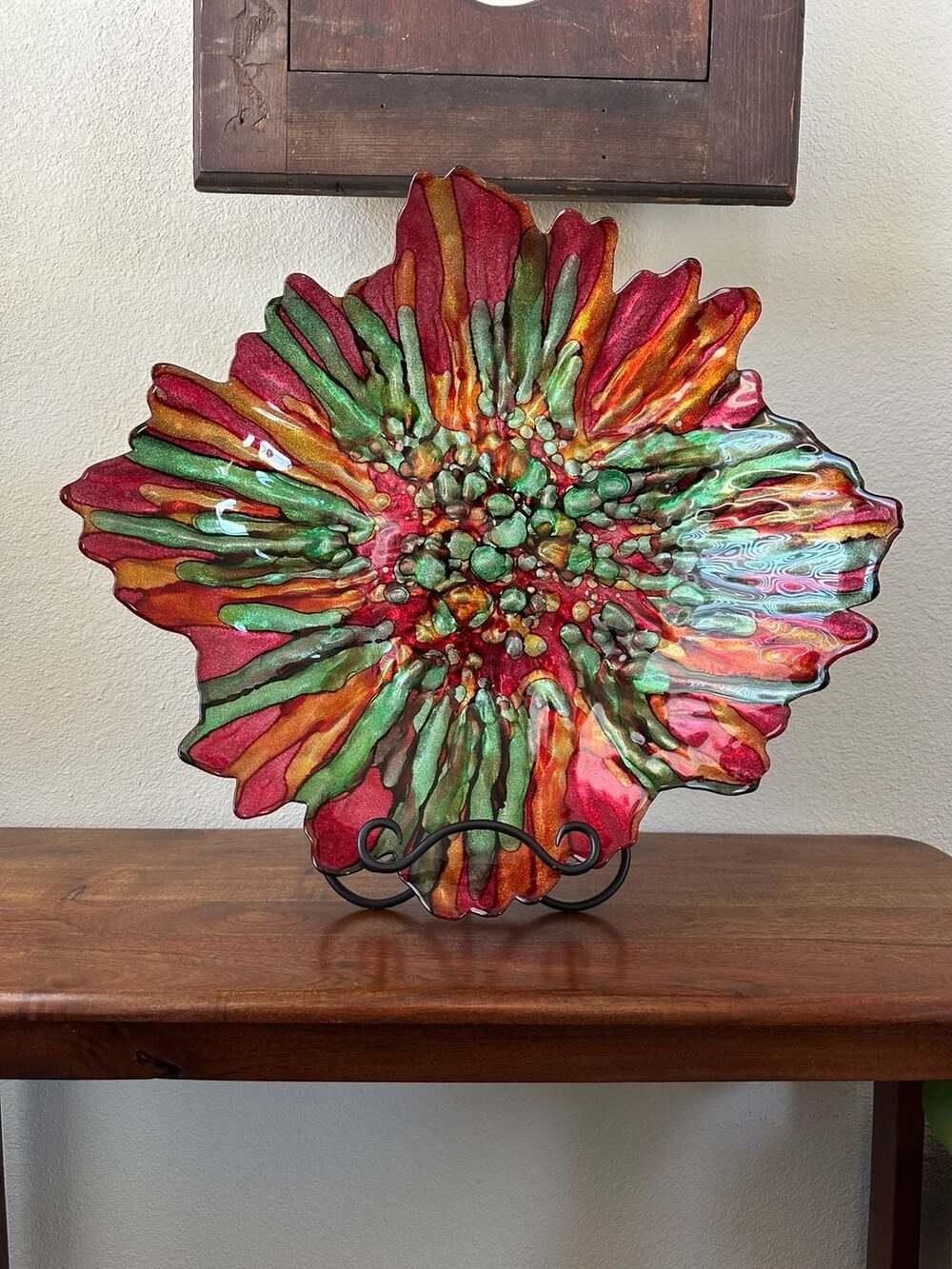 Art Glass Decorative Bowl Floral Centerpiece Red Green Gold